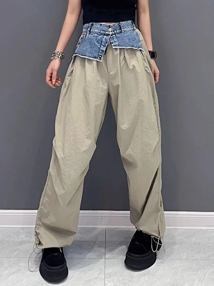 [EAM] High Elastic Waist Black Denim Color-block Long Cargo Pants New Trousers Women Fashion Tide Spring Autumn 2024 1DH4616