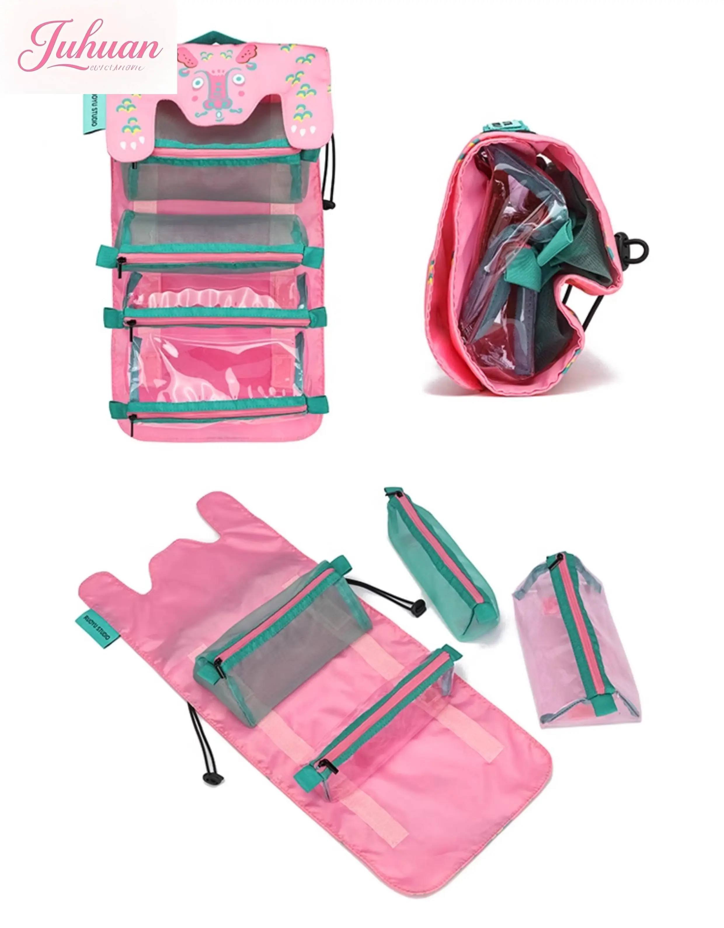 Cute Cartoon Portable 4-in-1 Large Capacity Cosmetic Bags Set Removable Travel Storage Pouch for Women's Makeup and Toiletries