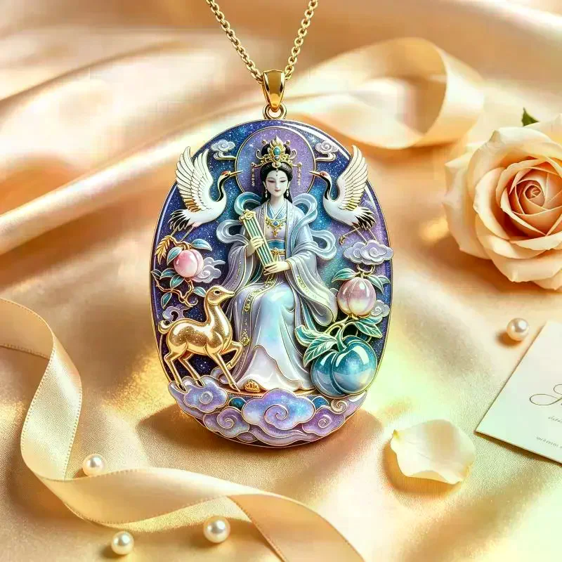 1Pcs Goddess Pendant Necklace Enamel Metal Crane Peach Pattern Lucky Talisman Jewelry For Women Daily Party Wear