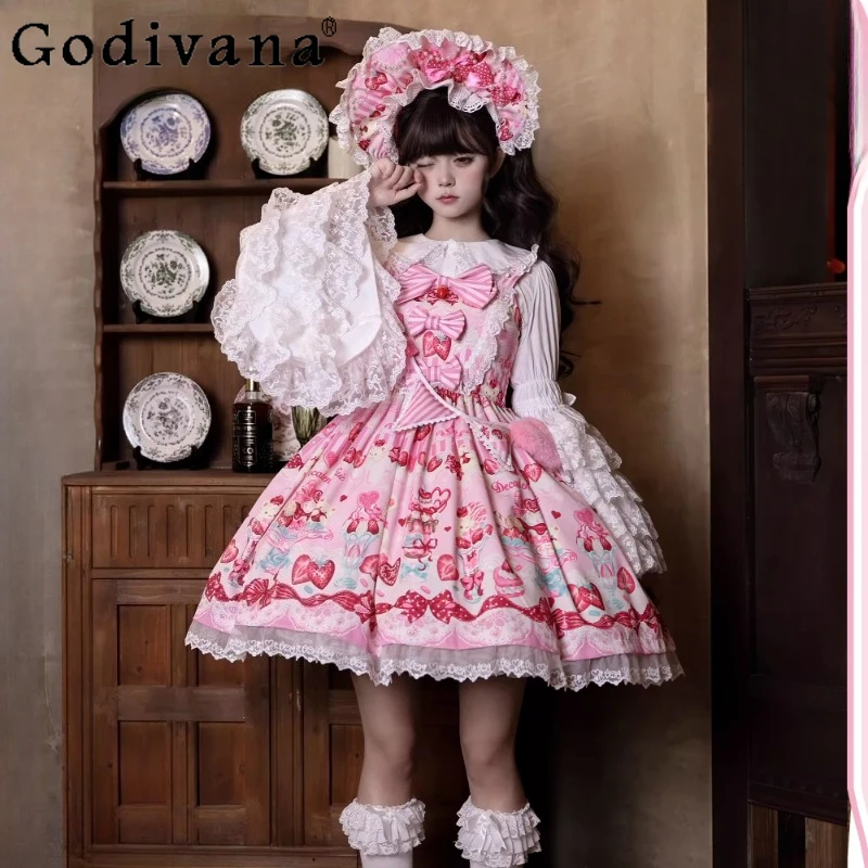 

Original Kawaii Lolita JSK Dress Set Girls Women Cute Bow Print Lace Birthday Party Dress Japanese Y2K Dress Vestidos De Mujer
