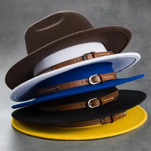 Autumn Winter Retro Jazz Cap Trendy Wide Brim Felt Hats Outdoor Casual Panama Hats British Flat Hats Church Buckle Hat With Belt