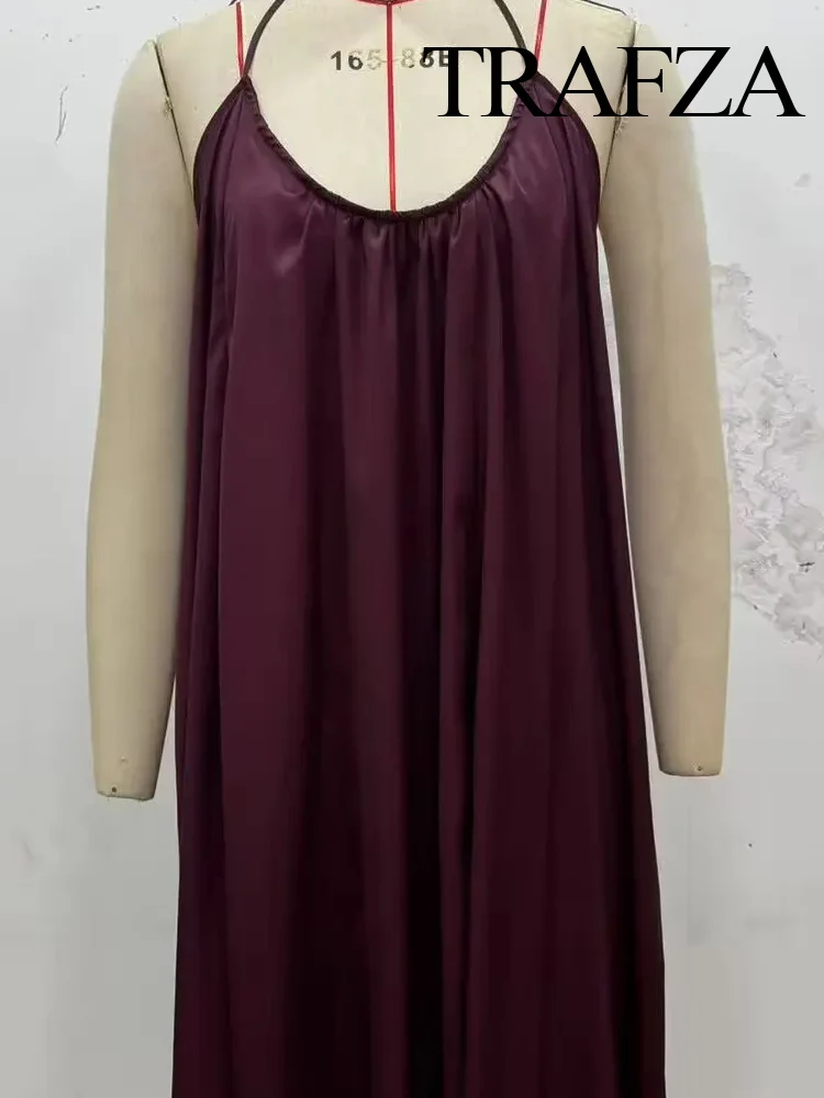 

HH Woman Fashion Satin Texture Backless Solid Long Dresses Summer Women O-Neck Sleeveless Pleated Decorate Beach Party Dress