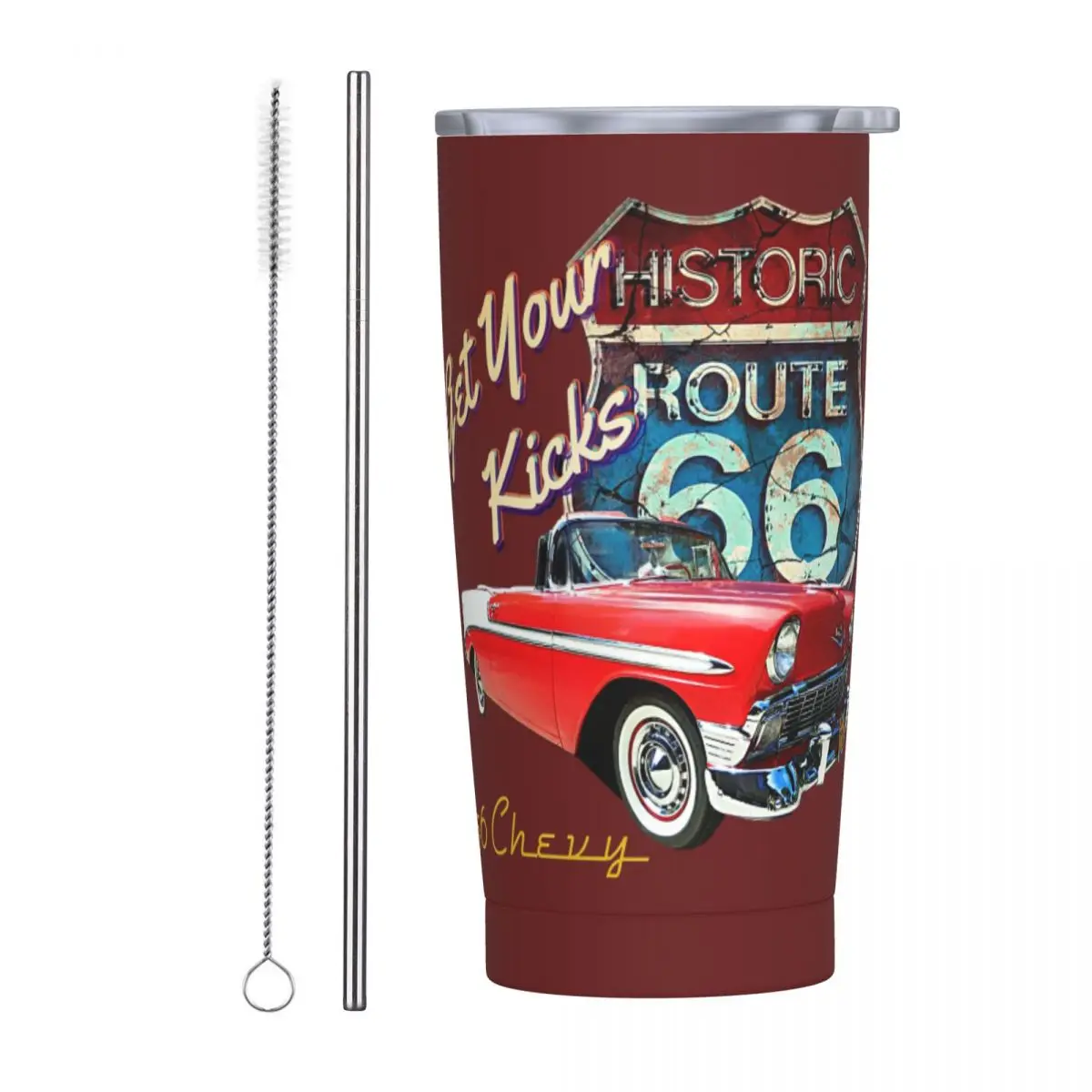 1956 Chevy-Bel Air Car Street Hot Rod Antique - Route 66 Stainless Steel Tumbler Vacuum Insulated Mugs Thermal Cold Cups Straw