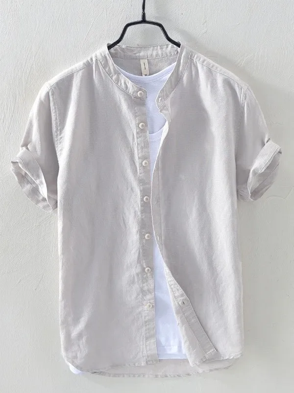 

Летняя тонкая хлопково-льняная рубашка для мужчин, свободного кроя, однотонная, дышащая, легкая, классическая, с коротким рукавом.