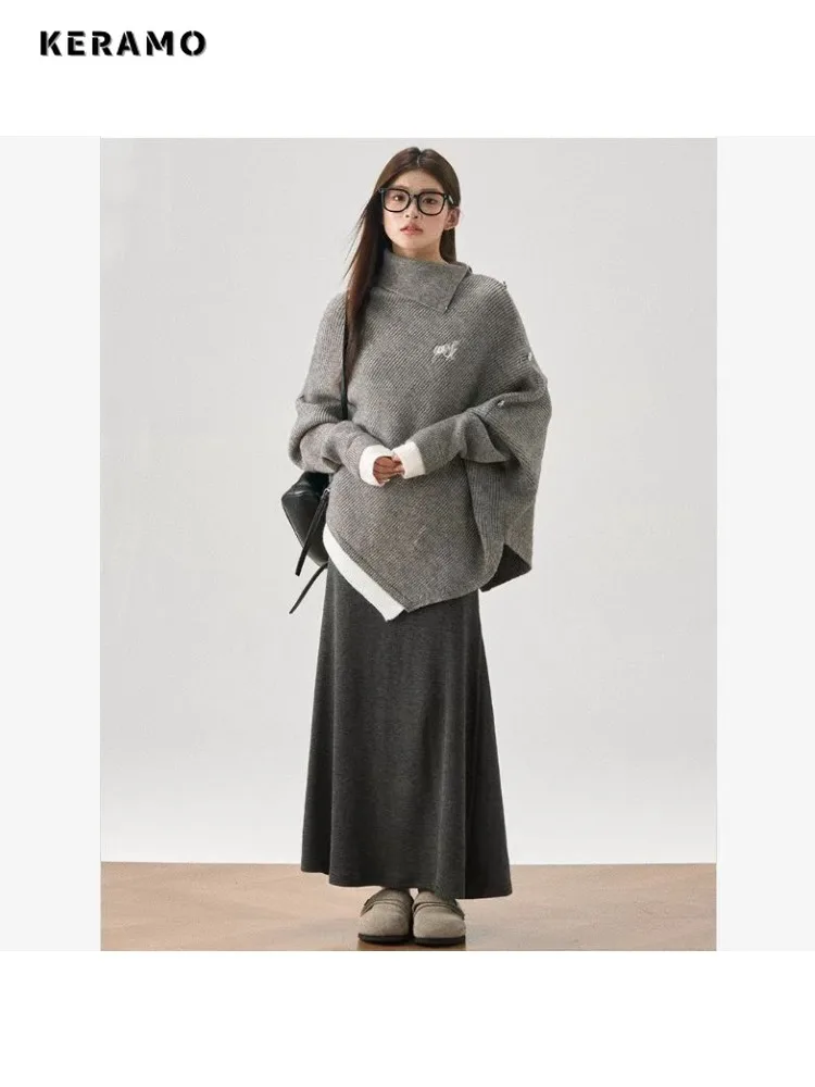 

Корейские модные повседневные вязаные свободные лоскутные пуловеры с длинными рукавами, зима 2025 г., женский шикарный лоскутный серый теплый свитер