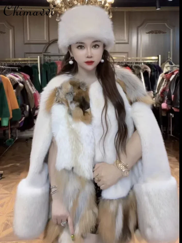 Winter European Mink Fur Integrated Coat Women's High-end Mid-length Warm Imitation Mink Fur Stitching Real Fox Fur Cape Coat