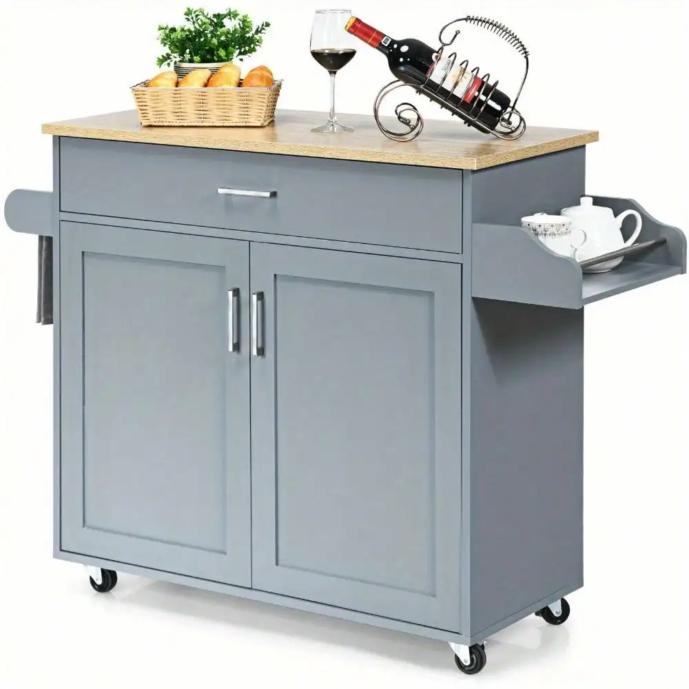 Rolling Kitchen Island Cart Storage Cabinet w/ Towel & Spice Rack Gray