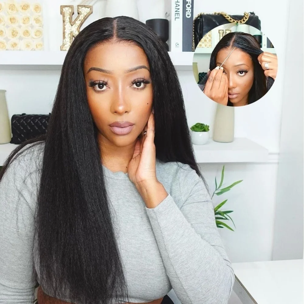 

5×5 Kinky Straight Lace Front Wigs Human Hair Glueless 220Density Ready to Wear Transparent Frontal Wig For Women Pre Plucked 1B