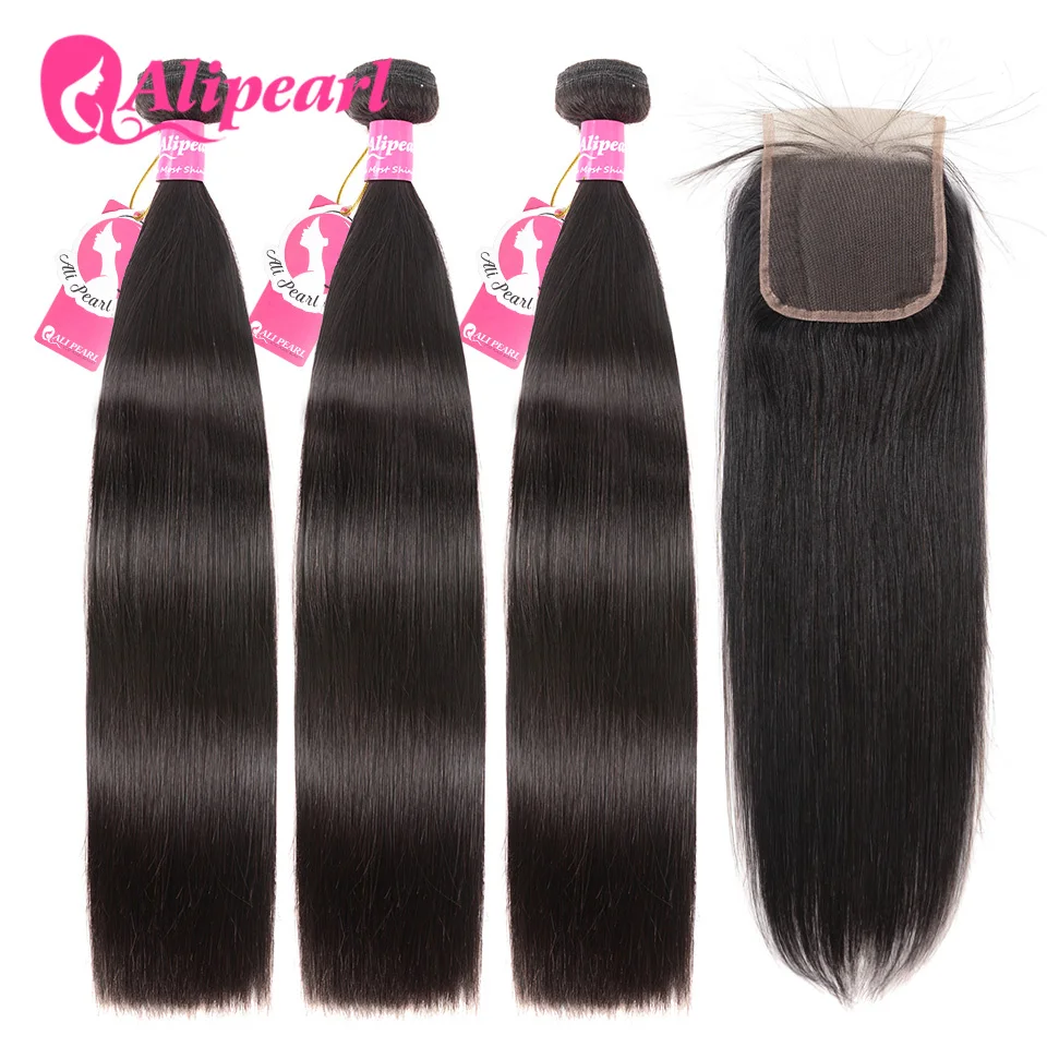 AliPearl Hair 100% Human Hair Bundles With 4x4 Lace Closure Brazilian Straight Hair Weave 3 Bundles Ali Pearl Hair Extension