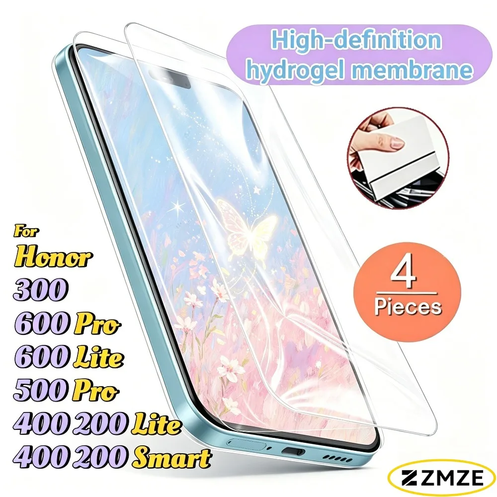 4 Stück Hydrogel-Folie für Honor 100 200 600 Lite 500 600 Pro, für Honor 400 200 Smart 300, klare, glänzende Displayschutzfolie für die Vorderseite