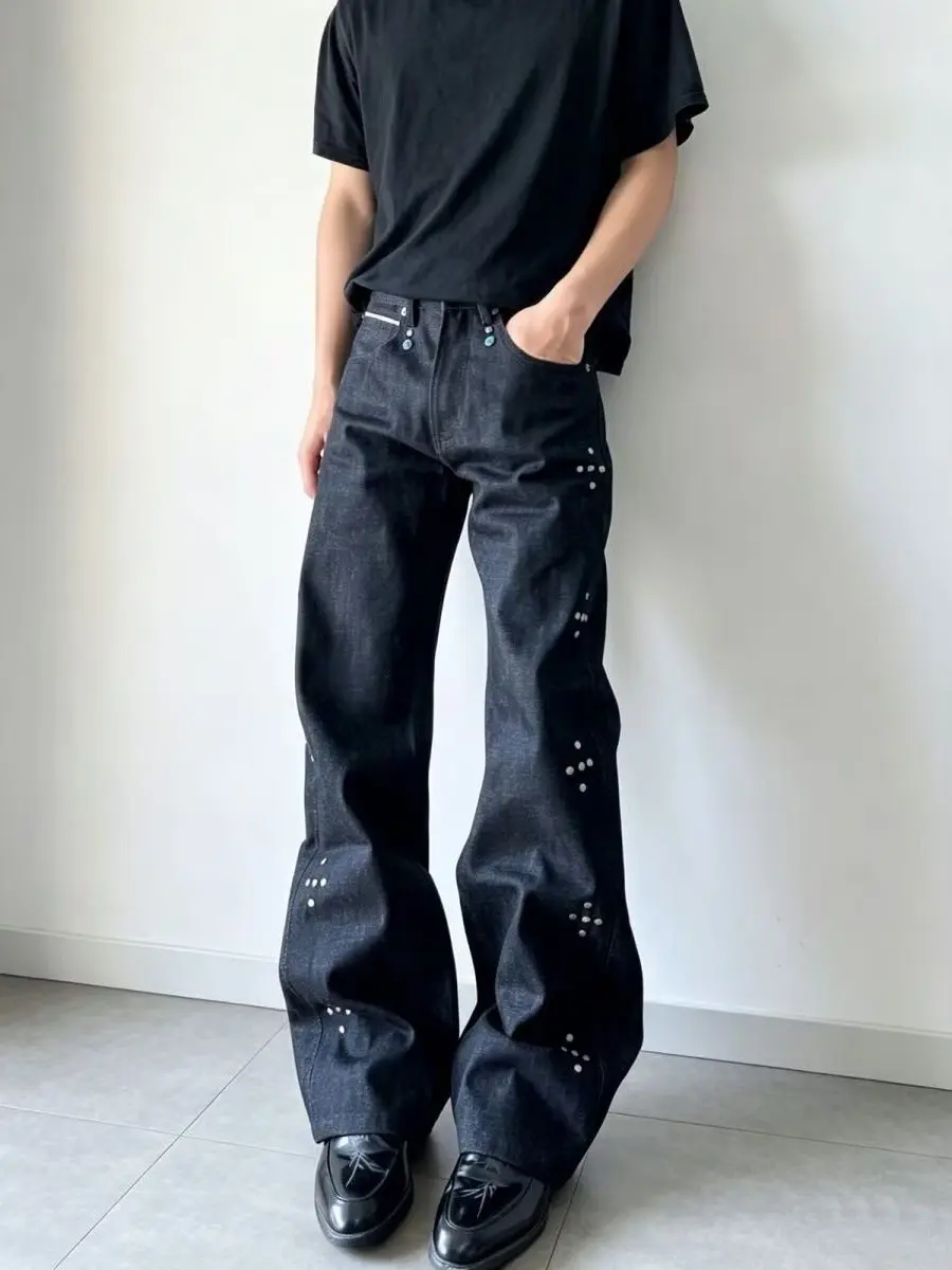 Calças Jeans Americanas com Rebites Verde Turquesa, Perna Larga Evasê e Reta, Unissex, Resistentes, Jeans Azul Original