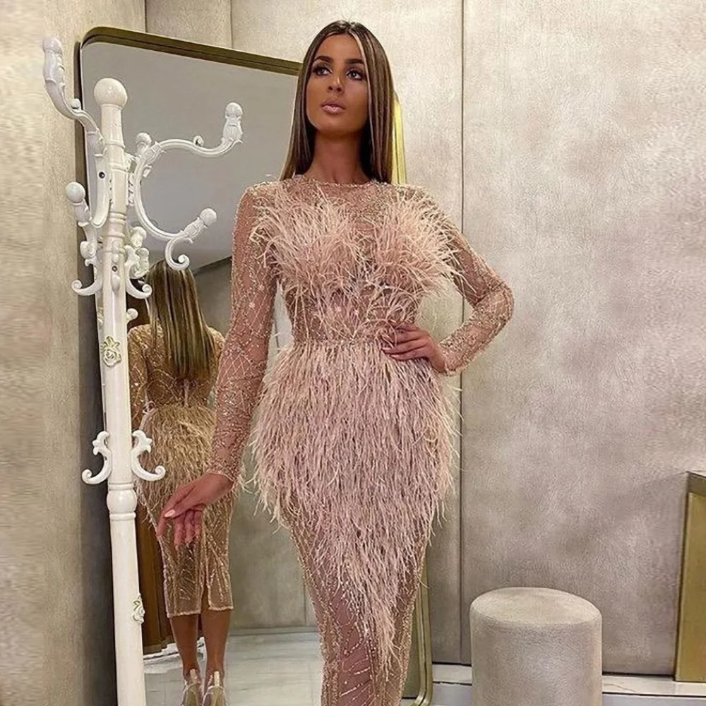 Chic Feathers Evening Dresses Fashion Sheath Tea Length Prom Party Dress Elegant O-Neck Full Sleeves Tassel Beading Formal Gowns