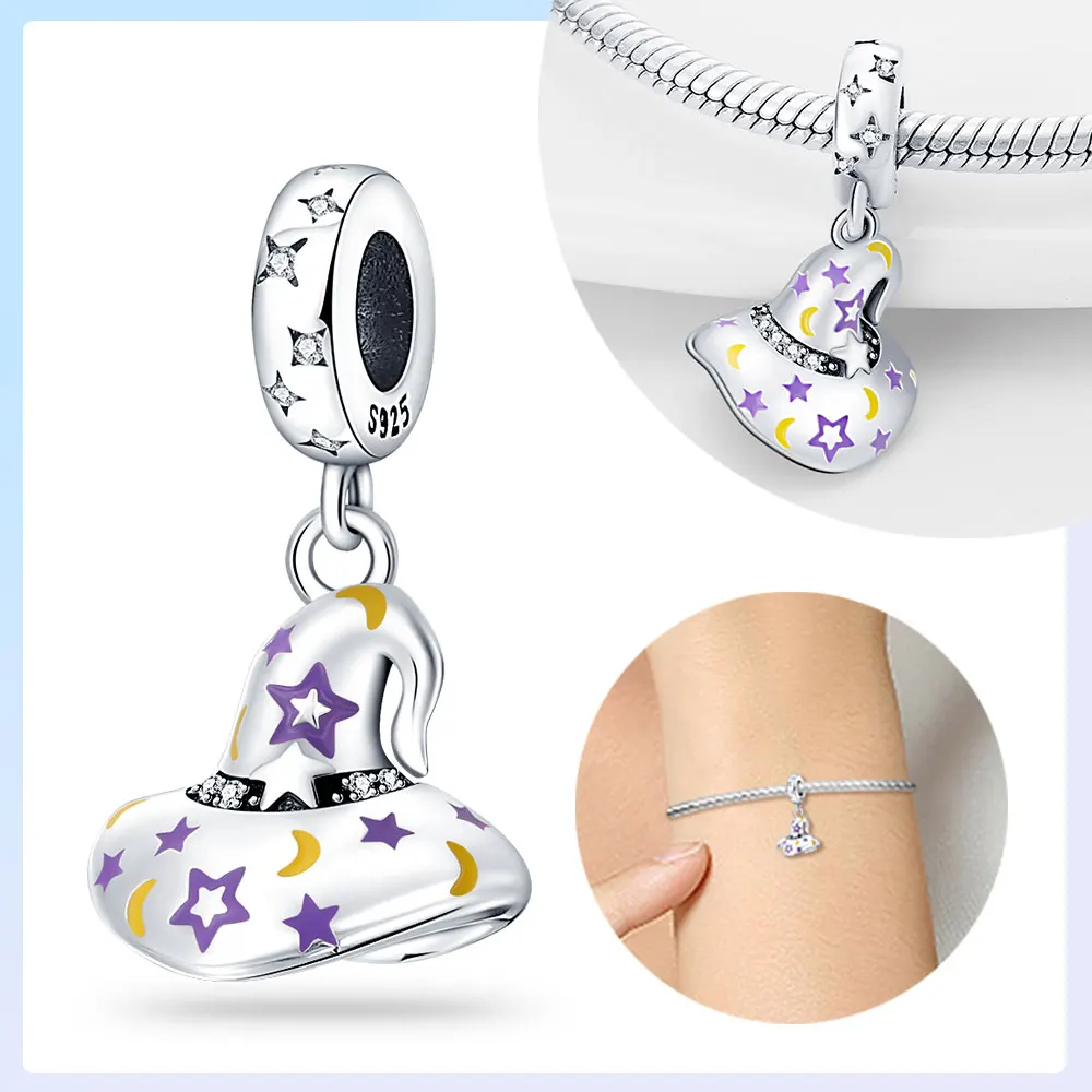 925er Silber vergoldet, Original-Charms, Halloween, lila, magische Hexe, leuchtende Hexenhut-Perlen, passend für Armbänder, Damenschmuck, Geschenk