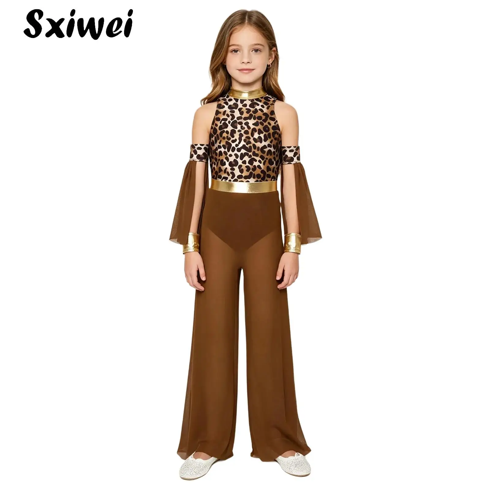 Kids Girls Cave Costumes Halloween Prehistoric Stone Primitive Cosplay Leopard Print Jumpsuit with Oversleeves Stage Performance