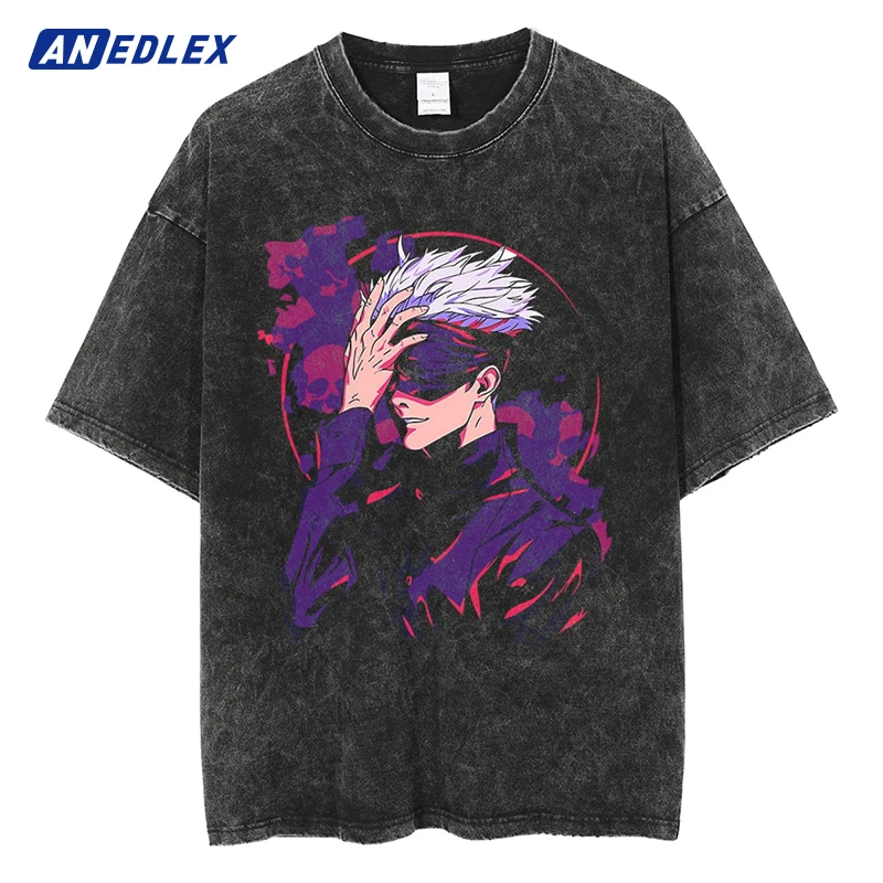 Men Hip Hop Retro Washed T-Shirts Streetwear Anime Graphic Print Tshirt Fashion Harajuku Cotton Tops Tees Summer Casual T-Shirt