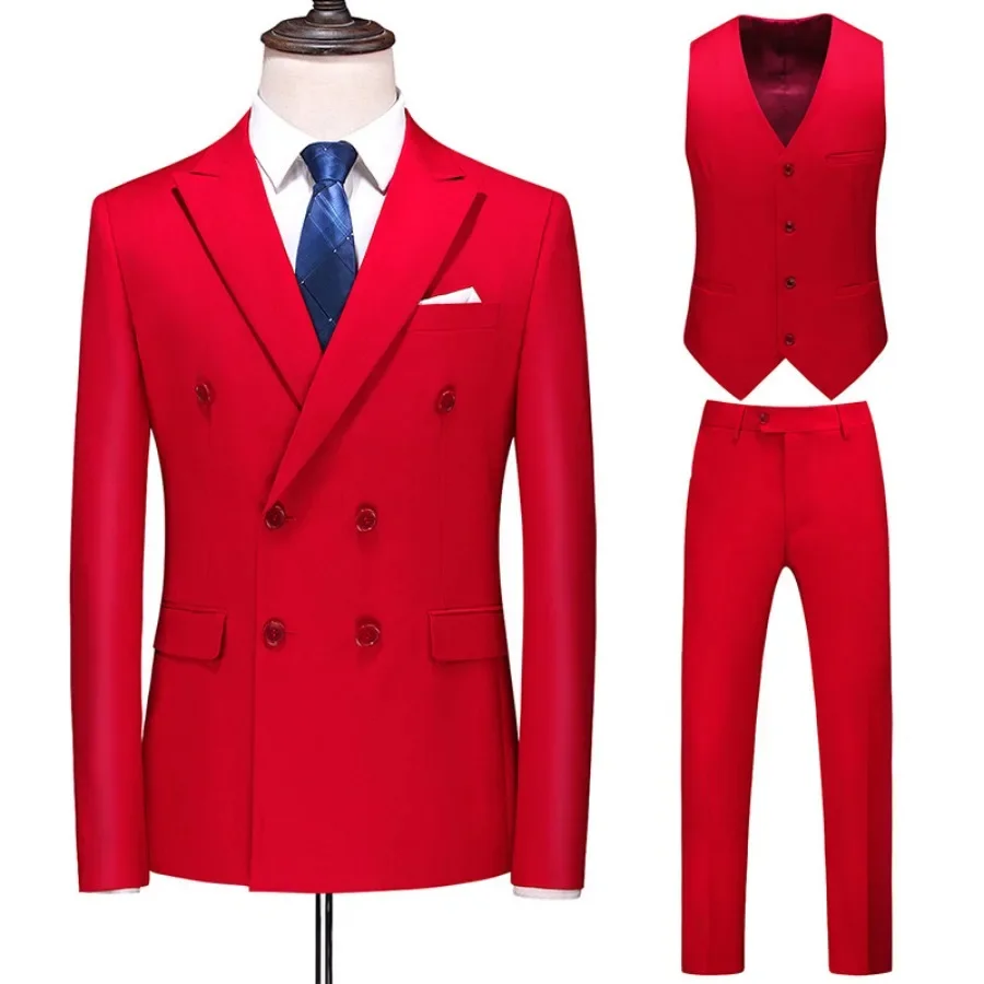 New 2024 Men's Wedding Party Double Breasted Solid Suit Sets Male Slim Banquet Evening 3 Pieces Blazers Jacket+Vest+Pants Sets