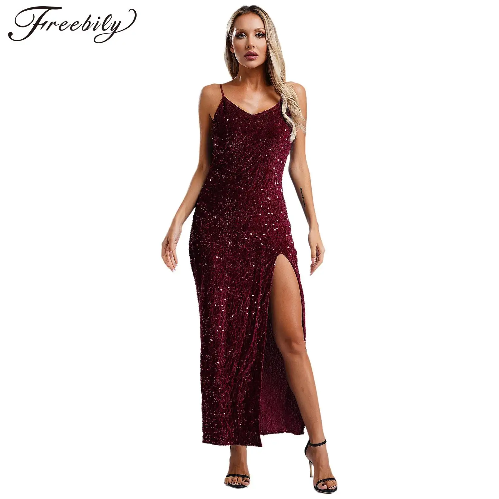 Cocktail Party Dress for Women V Neck Camis Dress Sleeveless Sequin Glitter Evening Maxi Dresses Side Slit Prom Vestido Feminino