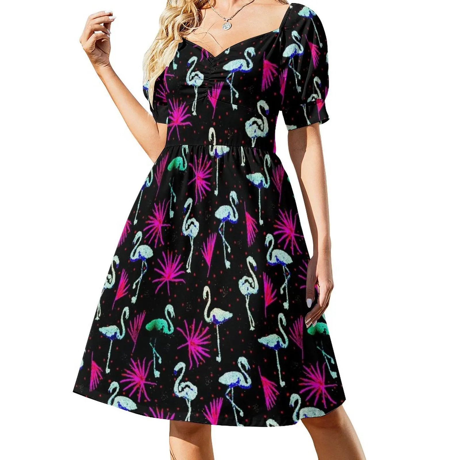 Black Pink Blue Neon Yard Flamingos Static Grain Short-Sleeved Dress beach dress Party dresses