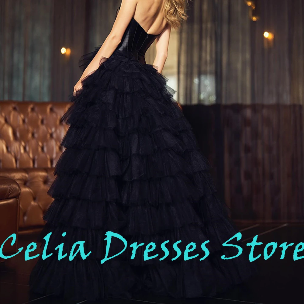 Delicate and Graceful A-Line Tiered Black Tulle Evening Dresses Zipper Back Sweep Train Sweetheart Sleeveless Vestido De Festa