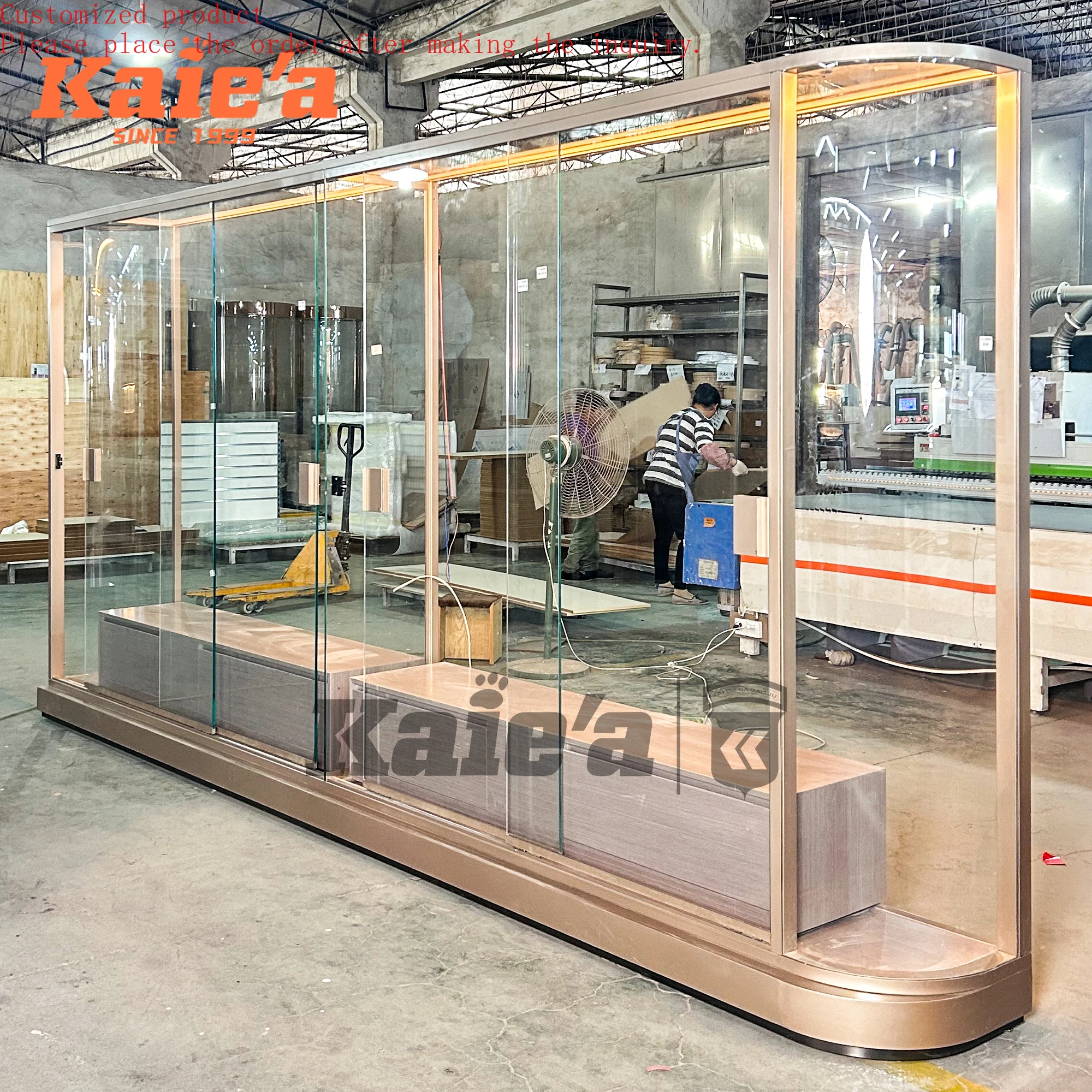 

Custom Retail Store Lockable Sliding Glass Door Bottom Wooden Storage Drawer Tempered Glass Display Showcase