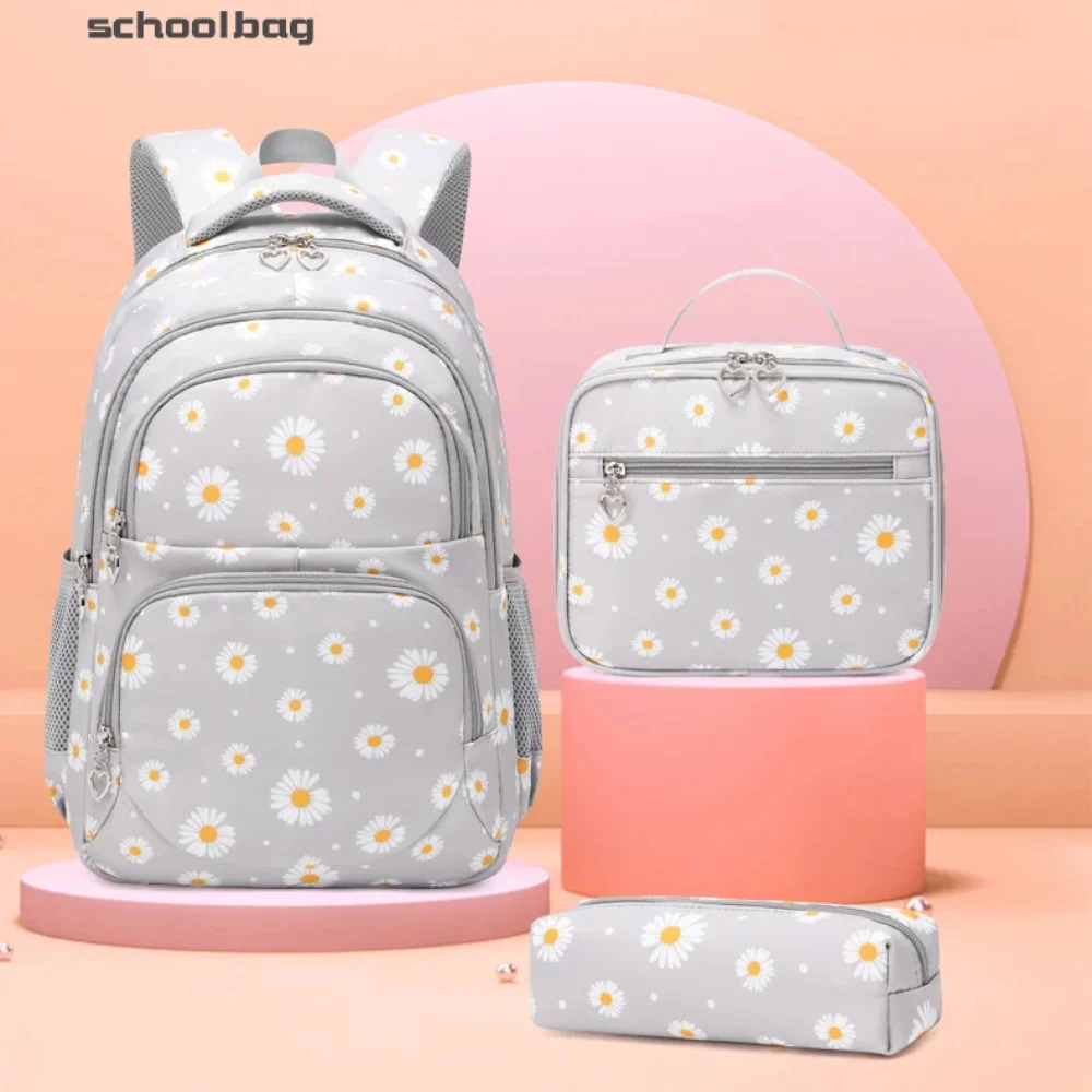 3 Pcs/Set Cute Nylon Material School Bags Daisy Pattern Lightweight Lunchbox Large Capacity Waterproof Cute Book Bags Teenager