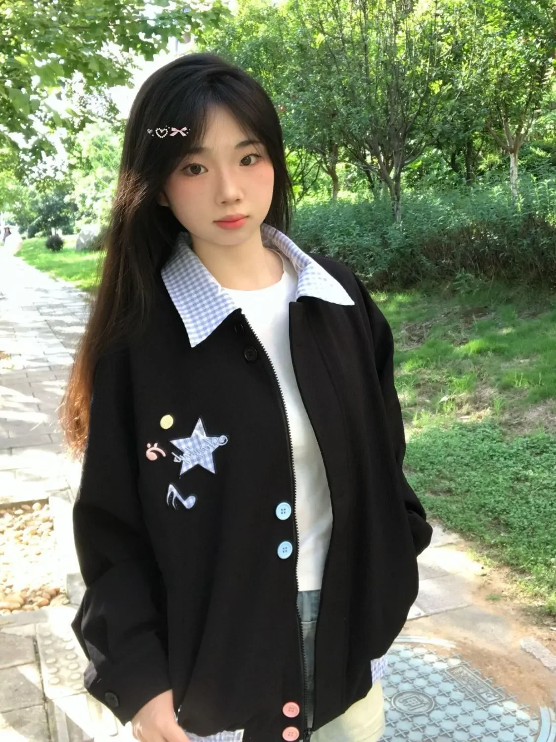 Women Casual Streetwear Coat Solid Zipper Slim Patchwork 2025 Autumn Japanese Kawaii Long Sleeve Short Jacket Turn-Down Neck