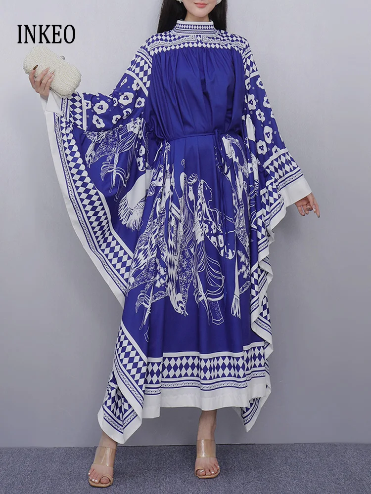 Robe à manches chauve-souris imprimée Vintage pour femmes, mode printemps été 2021, robes Maxi surdimensionnées avec ceintures, plage INKEO 5D109