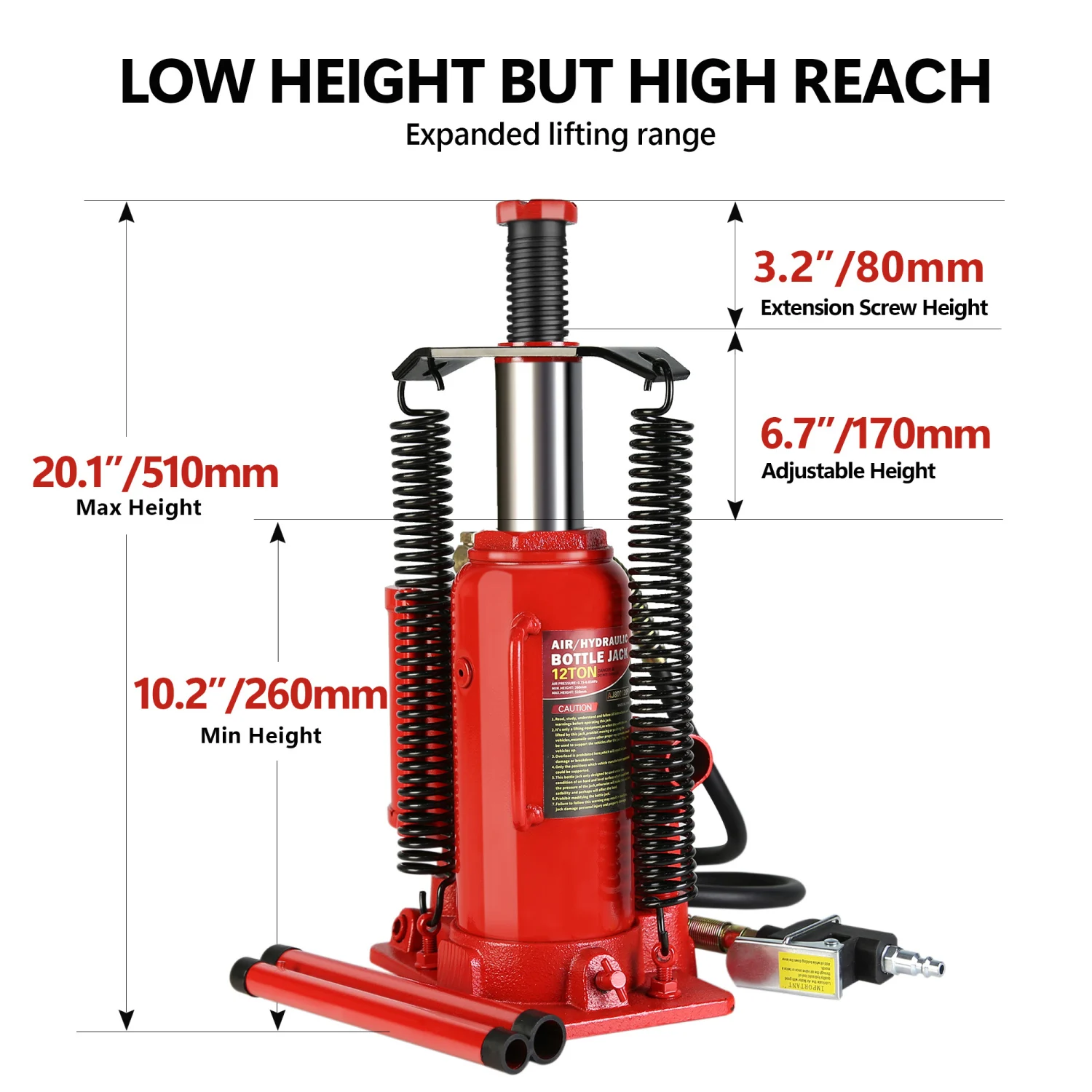 Air Hydraulic Bottle Jack, 12 Ton All Welded Bottle Jack, 10.2-20.1 inch Lifting Range, with 2-Section Long Handle, for Car, Pic