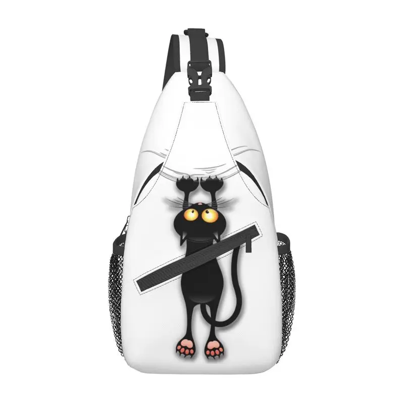 Fun Black Cat Falling Down Sling Chest Bag Custom Crossbody Shoulder Backpack for Men Travel Hiking Daypack