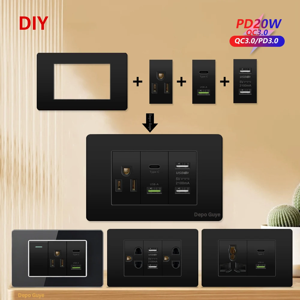 US Mexico Wall Plug Socket Plastic/Glass Frame Panel Black USB TYPE-C 10W/20W Charge TV Satellite Rj45 TEL Wall Light Switch DIY