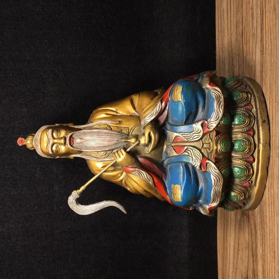 

9"Tibetan Temple Collection Old Bronze Painted Lord Lao Zi Moral deity Founder of Taoism Lotus Platform Worship hall Town House