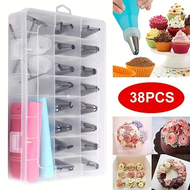 

38-Piece Professional Icing Tip Set - Stainless Steel Piping Nozzles & Pastry Bags for Cake Decorating