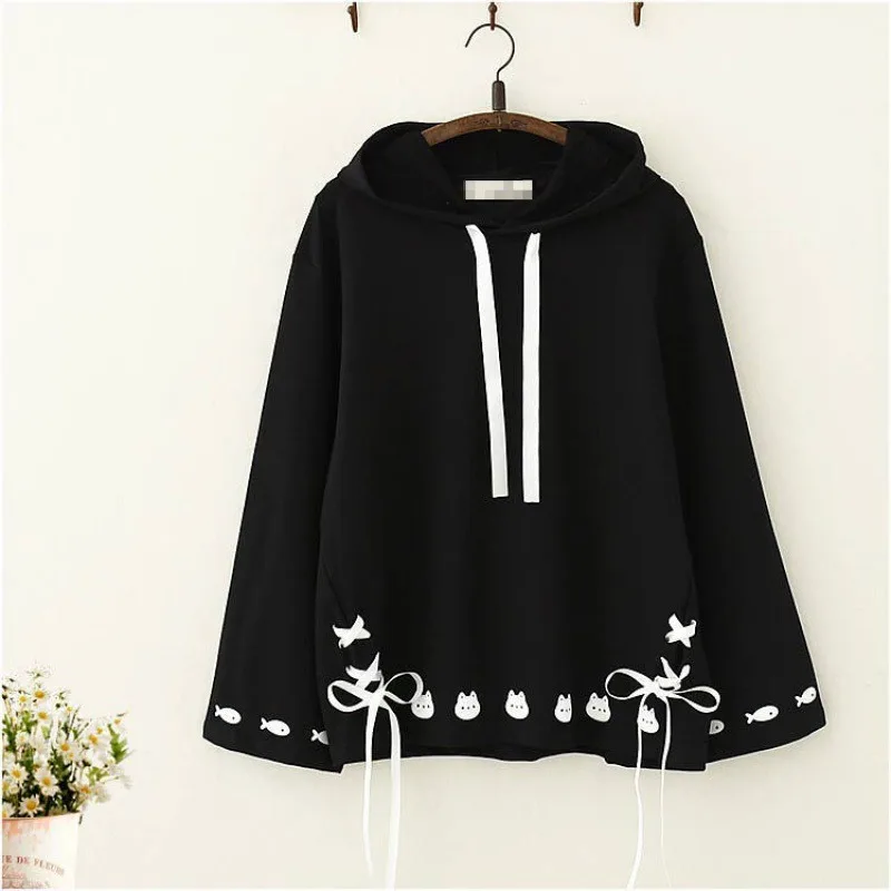 Cute Autumn Hoodies Streetwear Women Spring Harajuku Sweatshirt Kawaii Female Tops Shirts Loose Cat Print Swearshirt Y2k Tops