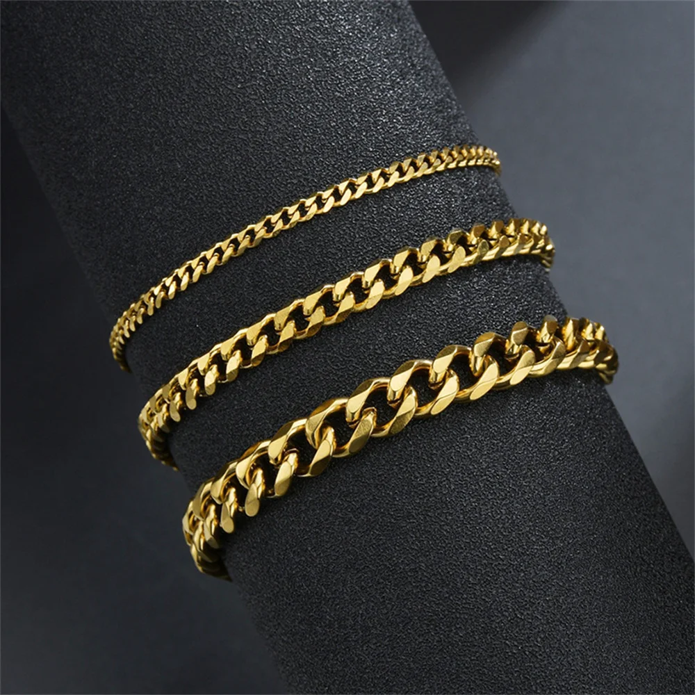 Hip Hop Stainless Steel Cuban Chain Bracelet For Women 3 5 7 mm Simple Stainless Steel Men Bracelet Gold Color Jewelry