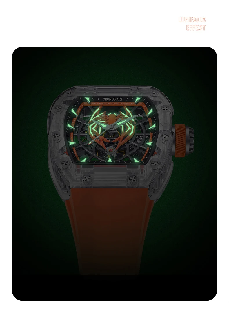 CRONUSART Мужские автоматические часы 50 мм Механические наручные часы Tonneau Акриловый корпус Светящийся ремешок из фторкаучука Полый циферблат