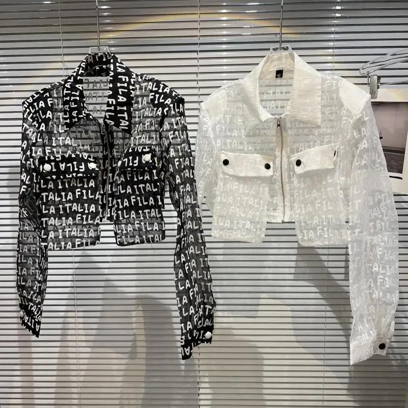 Letter Print Jacket Women High Waist Short Coat Big Pocket Zipper Lapel Fashion Summer Sun Protection Loose Bomber Jacket Female