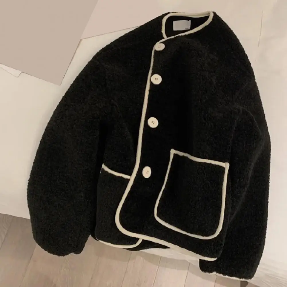 Women Woolen Coat Elegant French Style Single-breasted  Cardigan Coat Contrast Color Pockets OL Styel Winter Coat Short Jacket