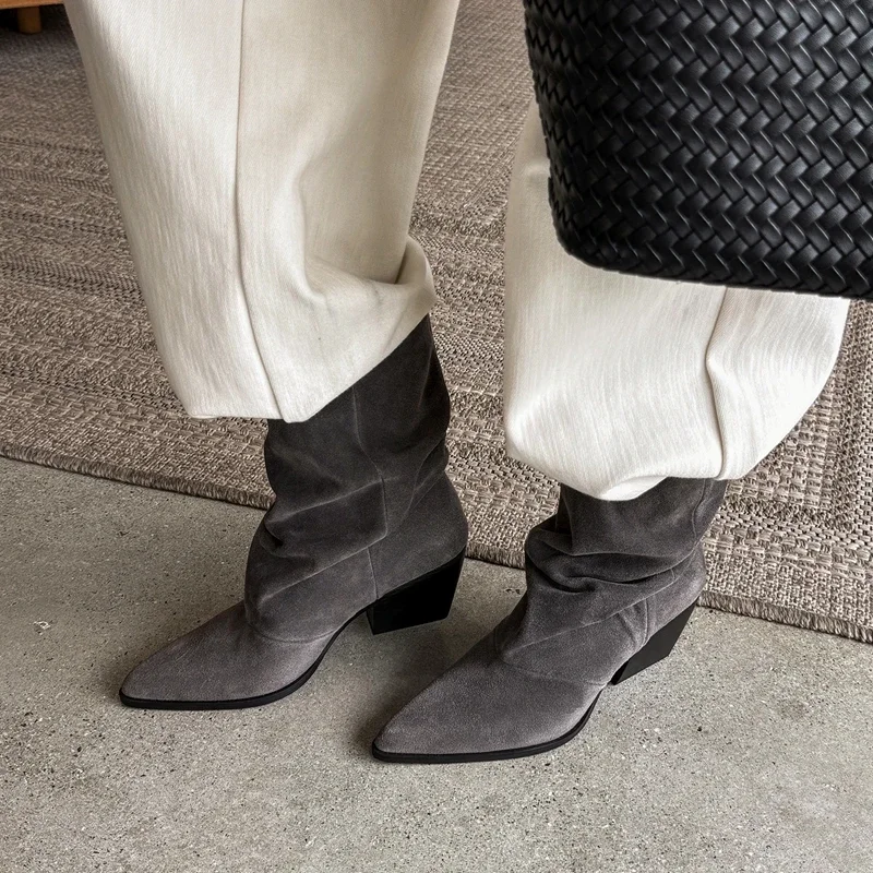 2027 New Autumn Women Boots Cow Suede Leather Women Shoes Pointed Toe Chunky Heel Slip-on Mid-calf Modern Boots Western Boots