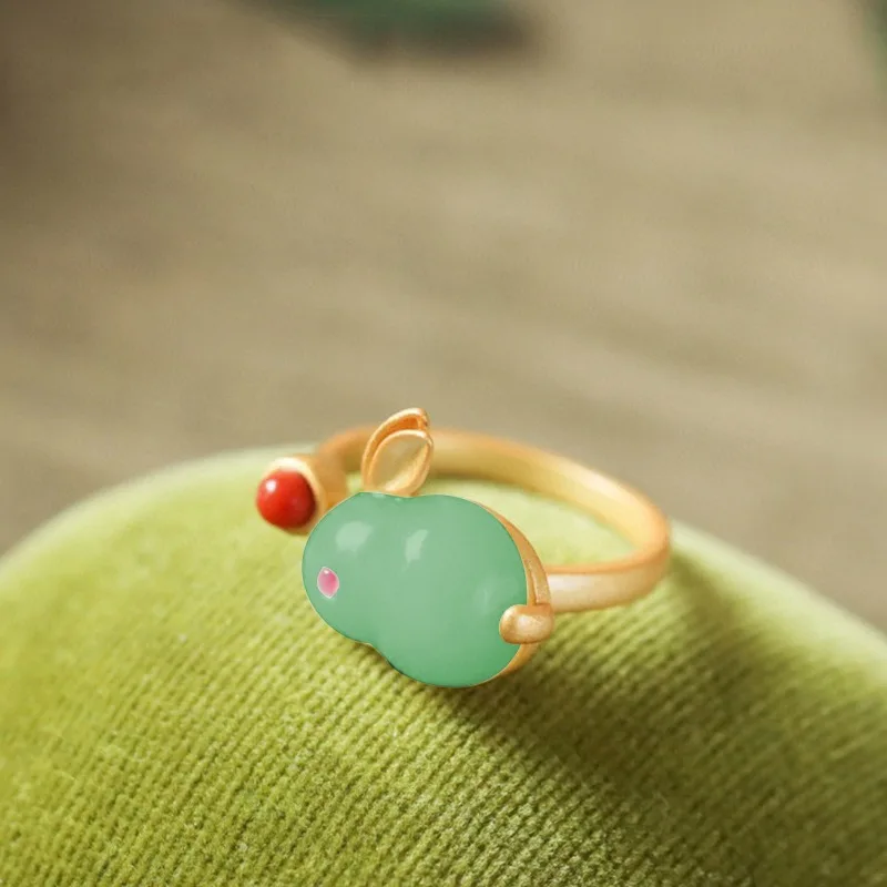 Jade Rabbit Set Imitation Natural Hetian Jade Ring, Ancient Gold Inlaid Chalcedony Rabbit Necklace Cute Rabbit Stud Earr