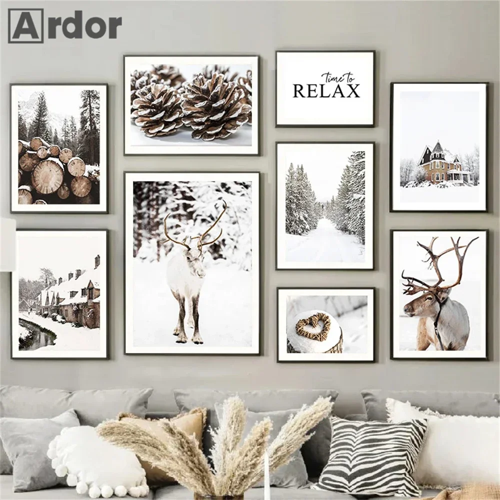 

Winter House Prints Canvas Painting Pine Wood Tree Poster Elk Wall Art Print Snow Posters Nordic Wall Pictures Living Room Decor