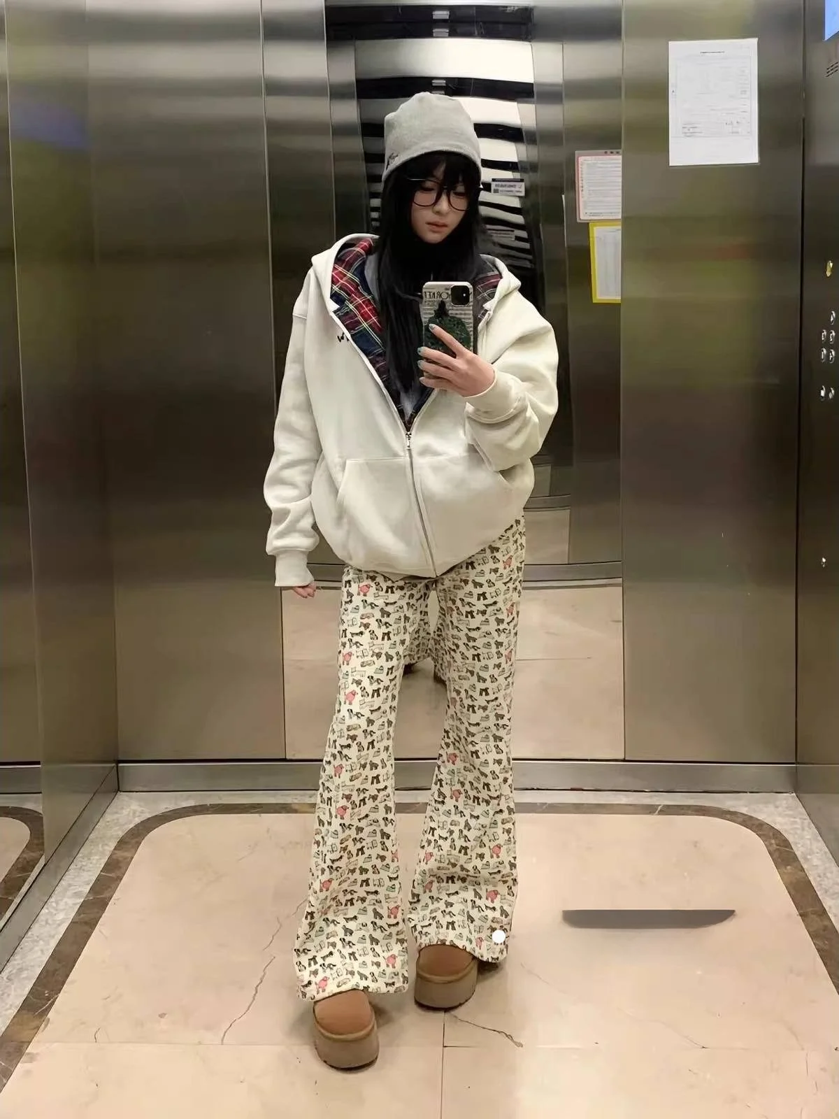 Korean Sle Hiphop Thiened Fce Hooded Zipper Cardigan Outerwear Women's Winter Loose Versatile Plaid Sweatirt