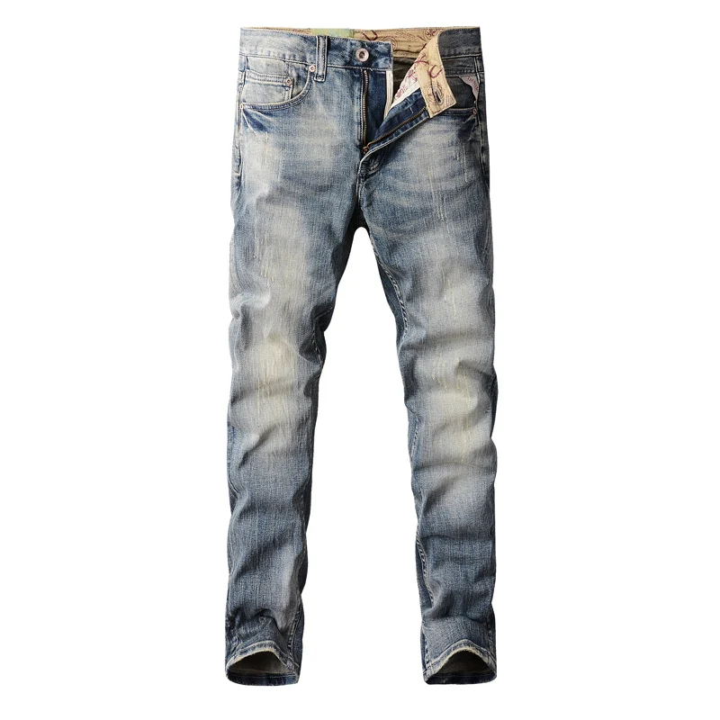 Italian Style Fashion Men Jeans Retro Gray Blue Elastic Slim Fit Ripped Jeans Men Trousers Vintage Designer Denim Pants Hombre