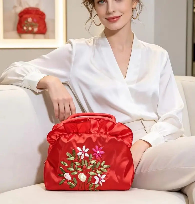 4‑Color Fabric Tote Bags with Ribbon‑Embroidered Flowers – Lightweight & Roomy for Daily Commuting (Red, Rose, Orange, Green)
