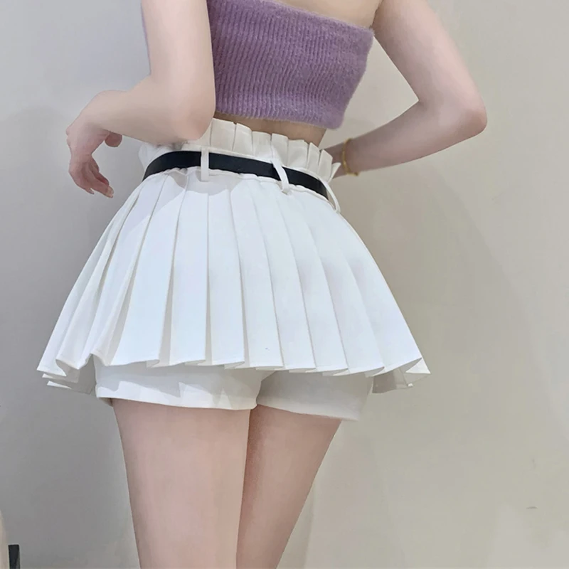 Women\'s Solid Mini Skirt Korean Version Pleated Design with a Belt Sexy Slim Fit High Waisted Summer Preppy Style Outfit Fashion