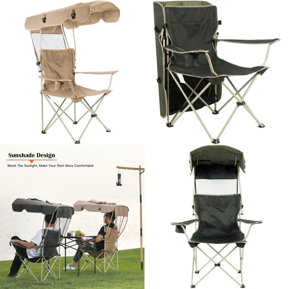 كرسي شاطئ قابل للطي مع مظلة للتخييم في الهواء الطلق، كرسي حديقة معزز باللون الأخضر الداكن والكاكي، مظلة شمسية قابلة للسحب f