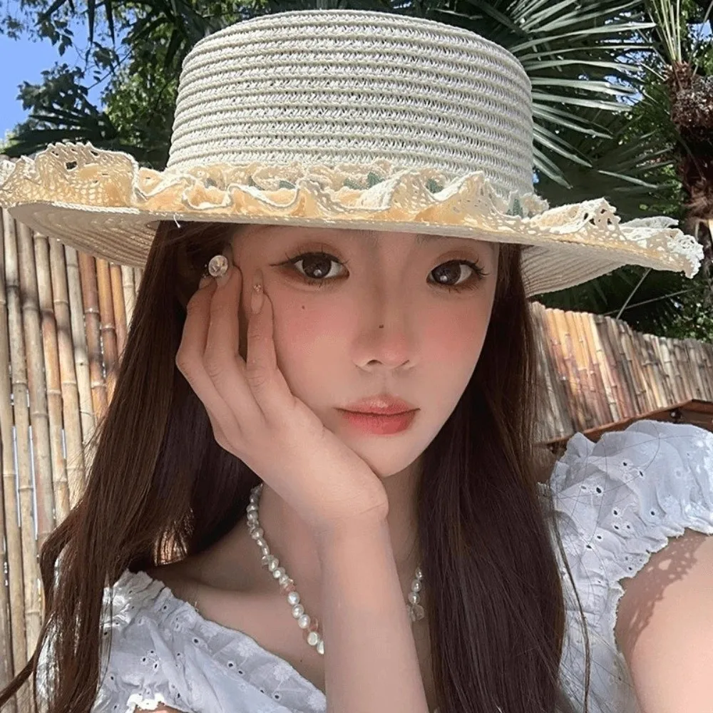 Sweet Large Brim Straw Sun Hat with Lace Trim Sun Protection Lace Ribbon Bucket Hat UV Protection Beach Sunshade Hat Summer