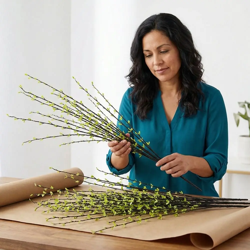 

Long Stems Artificial Plum Branches Real Touch Floating Branch Simulation Green Plant Fake Leaves Willow Plum Branch Homestay
