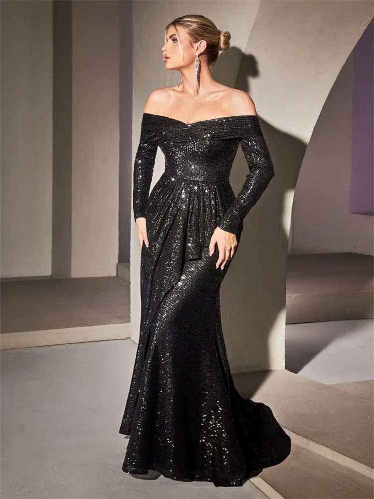 

New Sequins Off The Shoulder Sweetheart Neckline Corset Bodice Sheath Prom Dress Elegant Back Zipper Sweep Train Gowns For Women