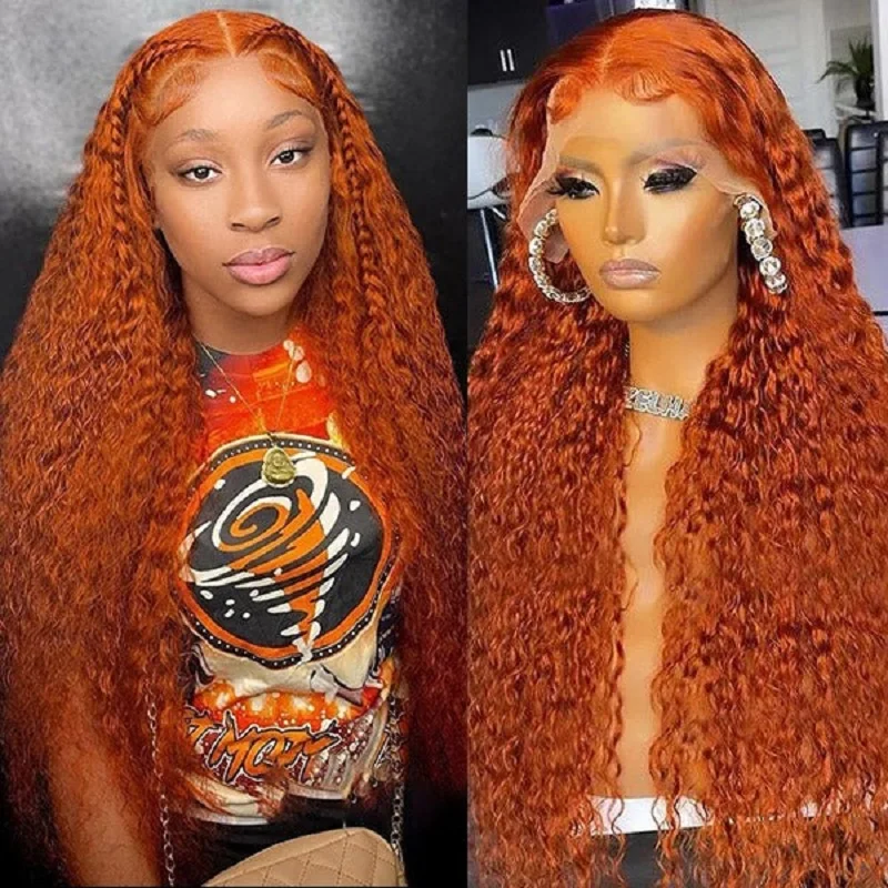 

Ginger Wig Lace Front Wigs Human Hair Deep Wave 13x6 HD Transparent Pre Plucked 200% Density Curly Orange Colored Frontal Wig