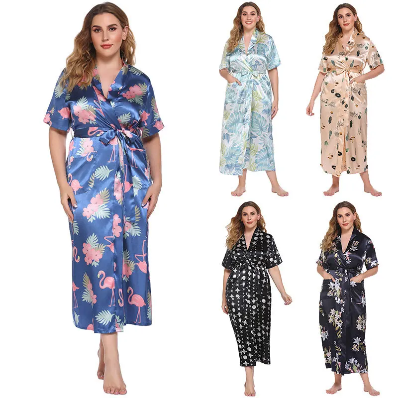 

Plus-size Floral Print Homewear Short-sleeved Bathrobe Sleepwear Women Nightgown Nighty for Ladies Sexy Night Dress Woman 4XL